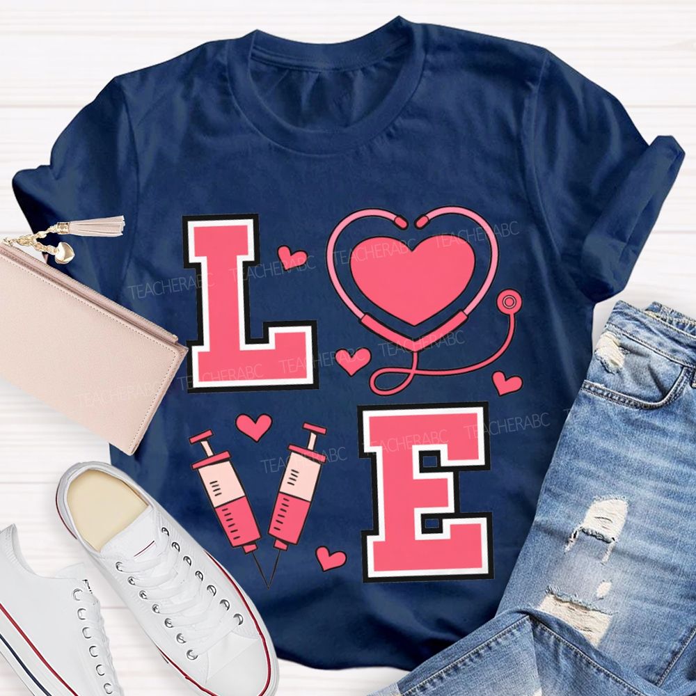 Love School Nurse Heart-Shaped Stethoscope T-shirt