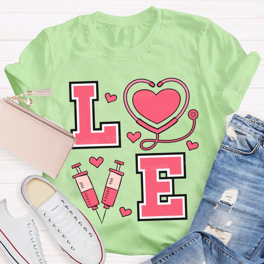 Love School Nurse Heart-Shaped Stethoscope T-shirt