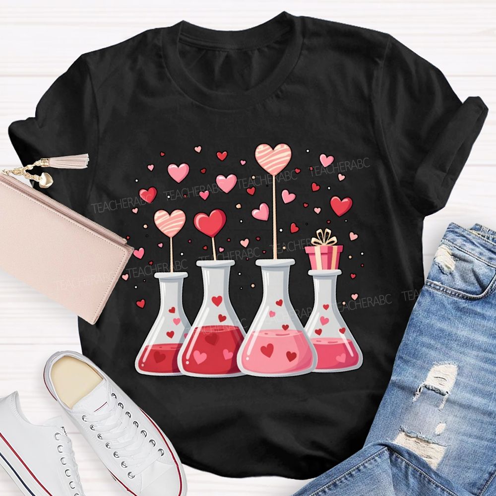 Pink Hearts And Experimental Beakers Science Teacher T-shirt