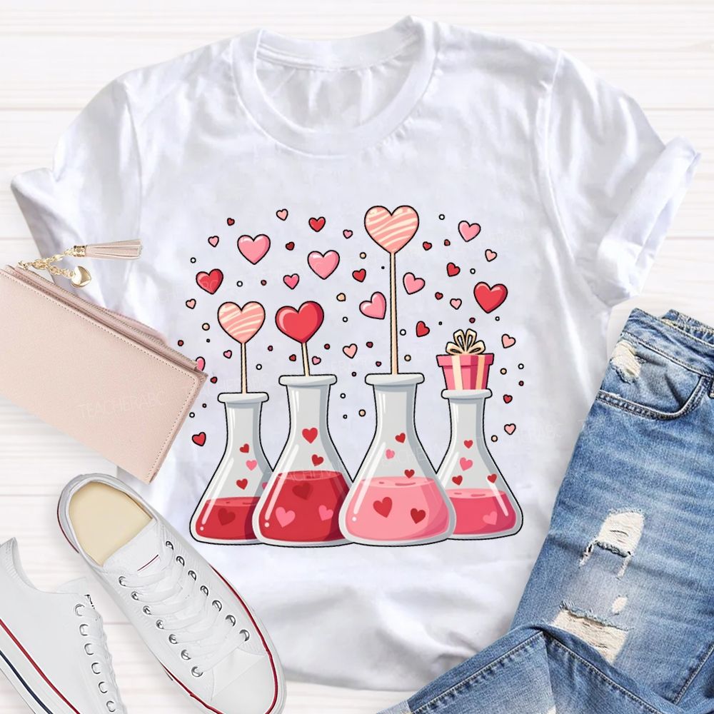 Pink Hearts And Experimental Beakers Science Teacher T-shirt