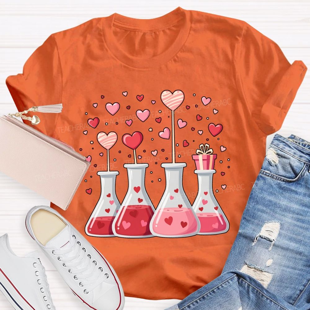 Pink Hearts And Experimental Beakers Science Teacher T-shirt
