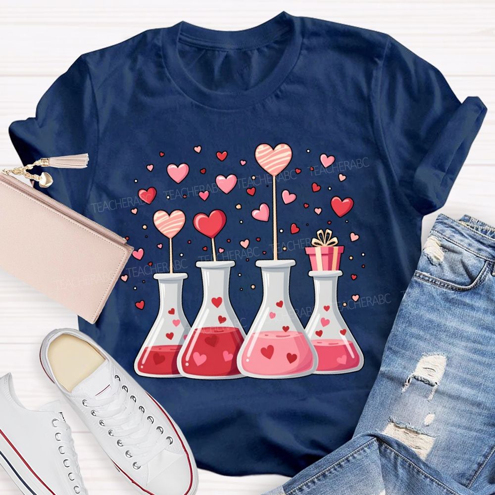 Pink Hearts And Experimental Beakers Science Teacher T-shirt