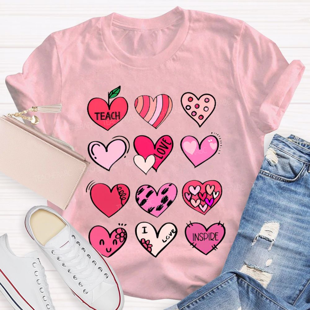 Teach Love Inspire Colorful Heart Print T-shirt