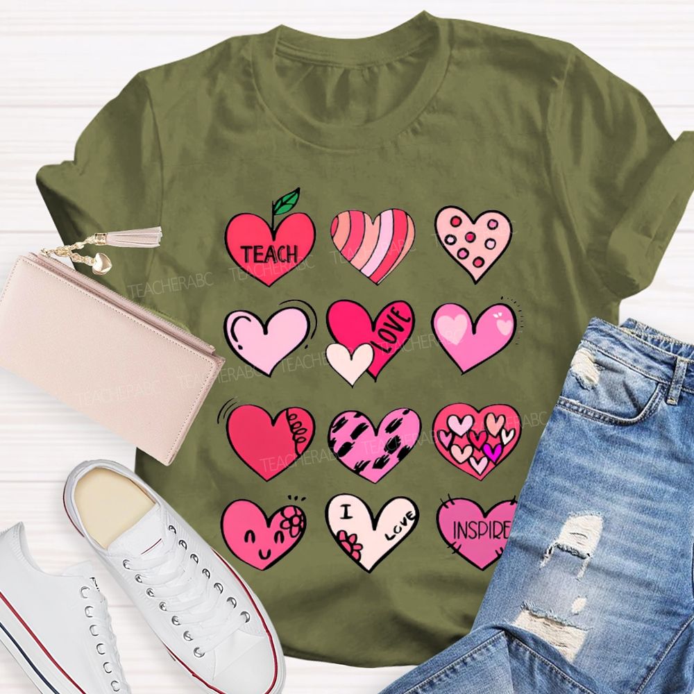 Teach Love Inspire Colorful Heart Print T-shirt