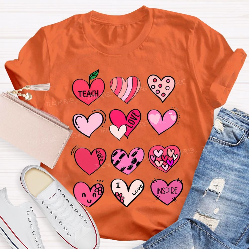 Teach Love Inspire Colorful Heart Print T-shirt