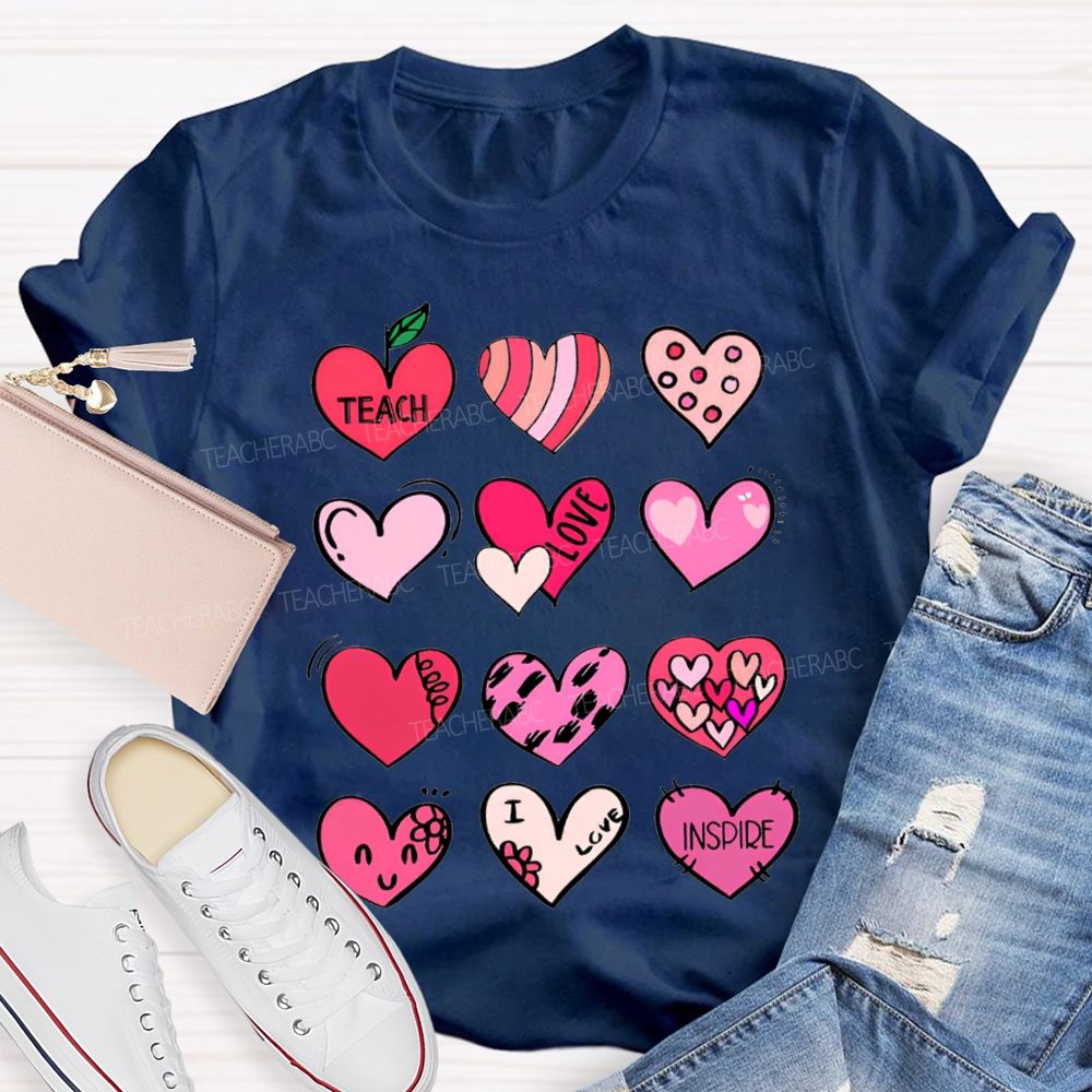 Teach Love Inspire Colorful Heart Print T-shirt