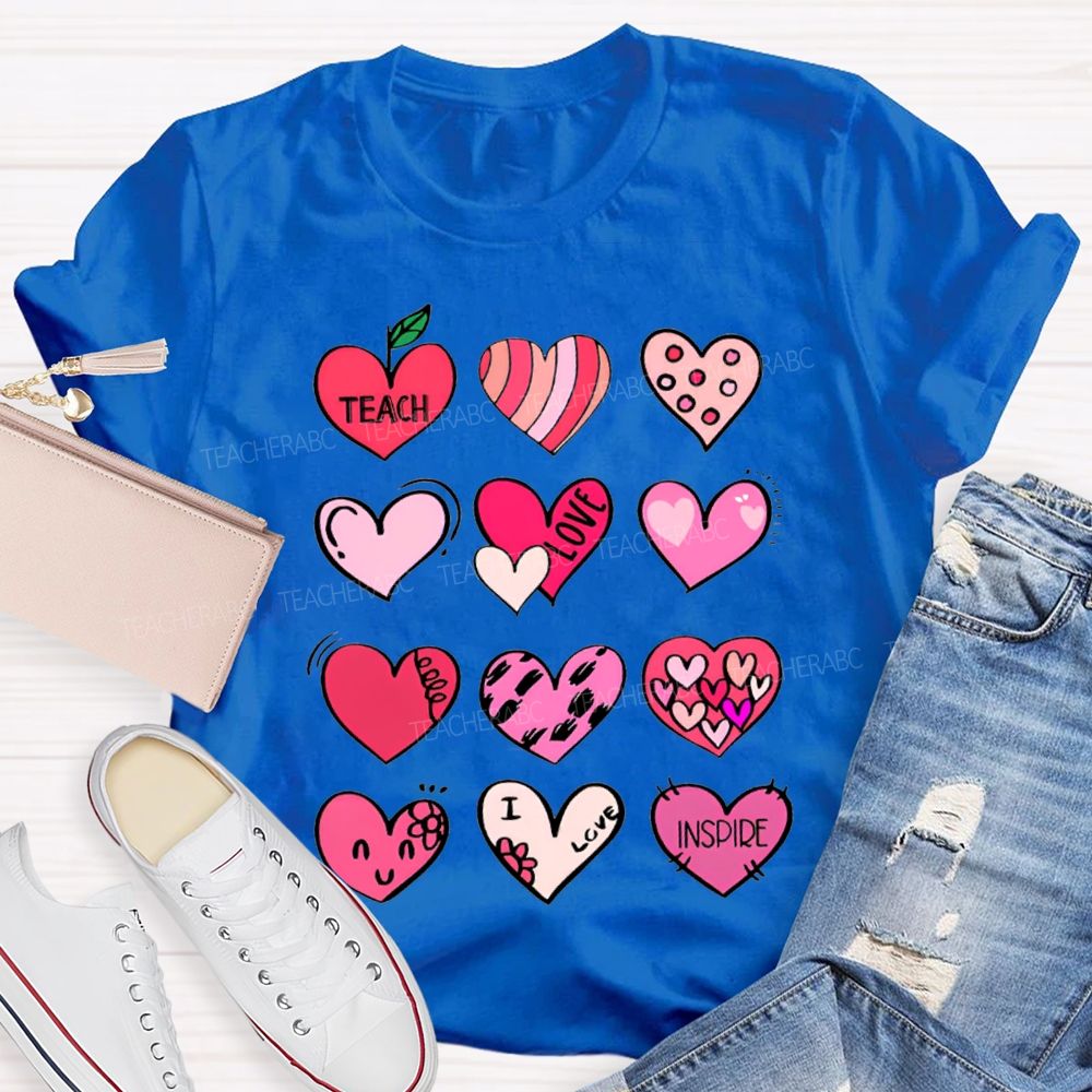 Teach Love Inspire Colorful Heart Print T-shirt