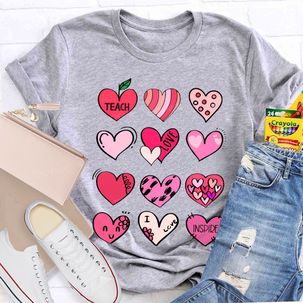 Teach Love Inspire Colorful Heart Print T-shirt