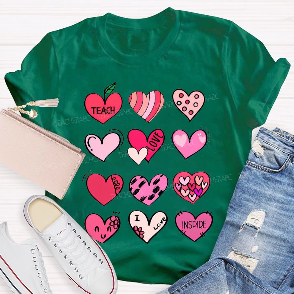 Teach Love Inspire Colorful Heart Print T-shirt