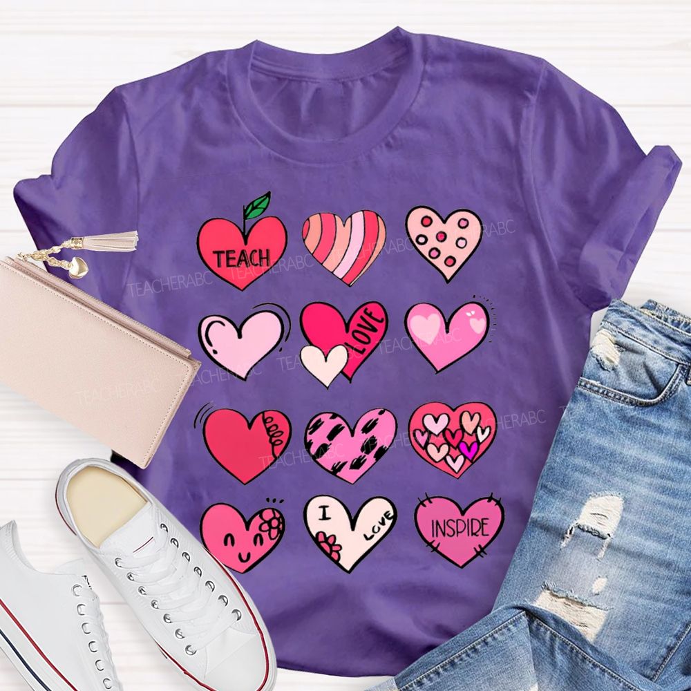 Teach Love Inspire Colorful Heart Print T-shirt