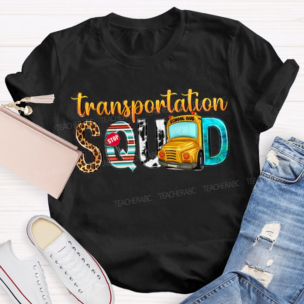 Transportation Squad Leopard Print Lettering And School Bus T-shirt