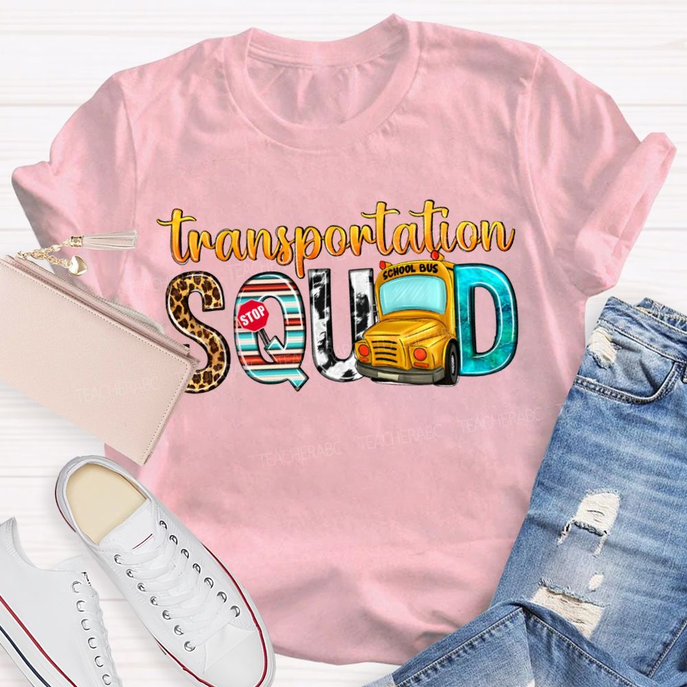 Transportation Squad Leopard Print Lettering And School Bus T-shirt