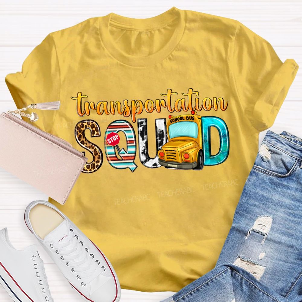 Transportation Squad Leopard Print Lettering And School Bus T-shirt