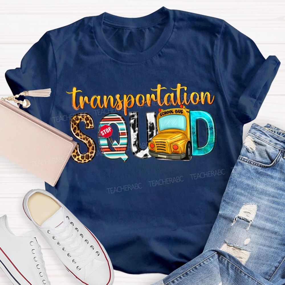 Transportation Squad Leopard Print Lettering And School Bus T-shirt
