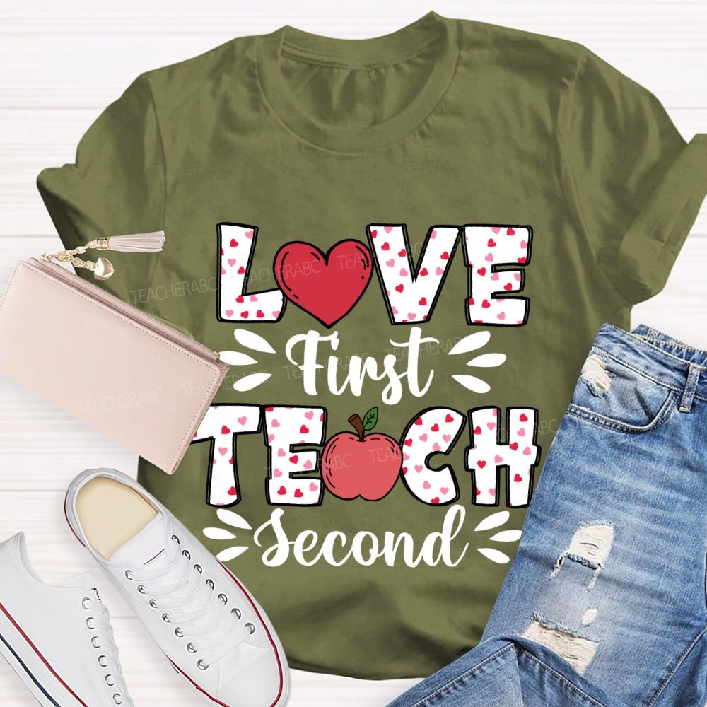 Love First Teach Second Pink Heart Apple T-shirt