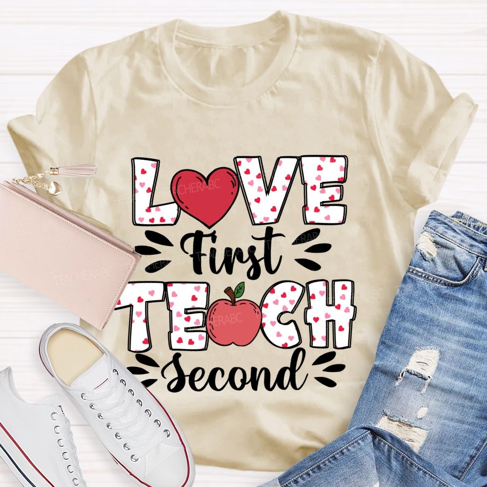Love First Teach Second Pink Heart Apple T-shirt