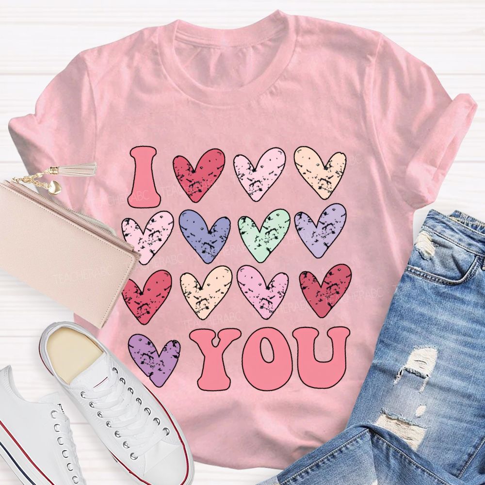 I Love You Colorful Hearts Print T-shirt