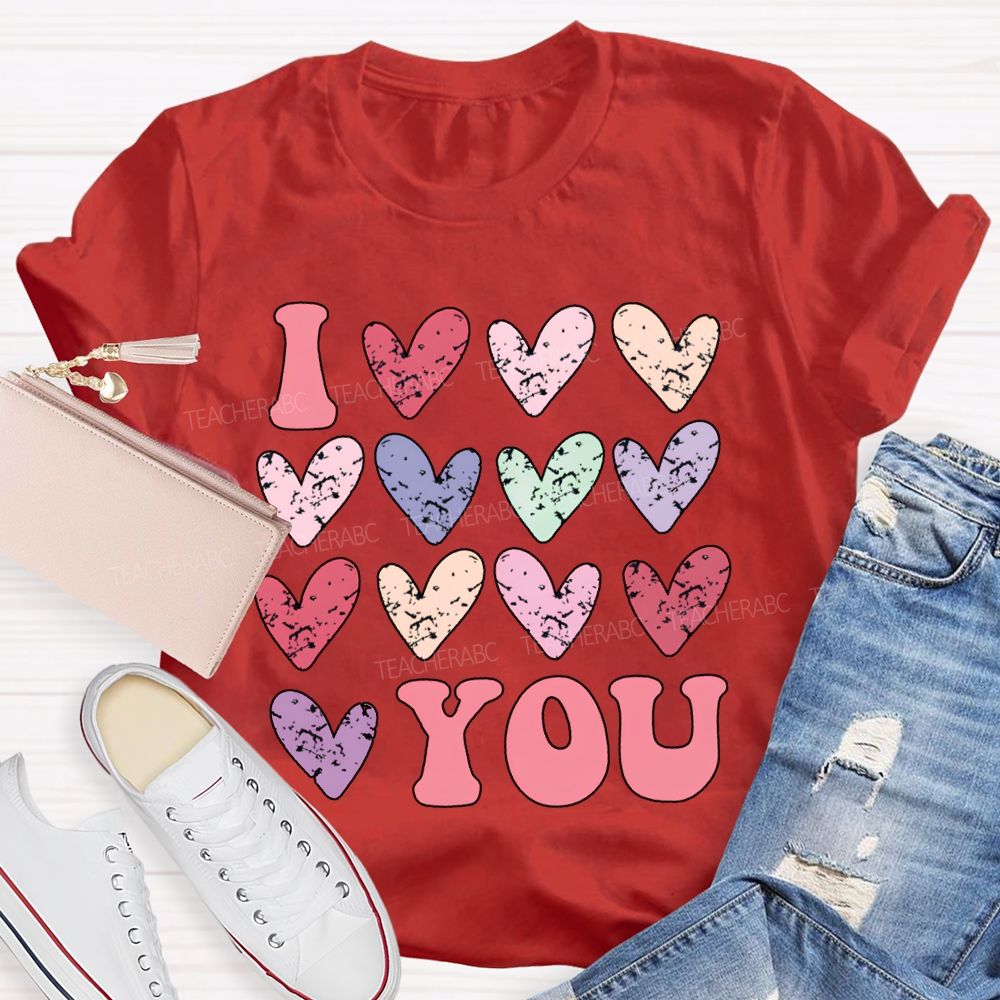 I Love You Colorful Hearts Print T-shirt