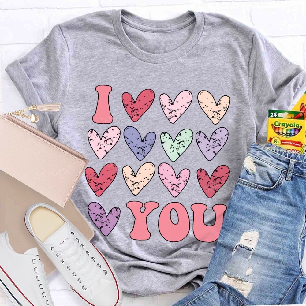 I Love You Colorful Hearts Print T-shirt