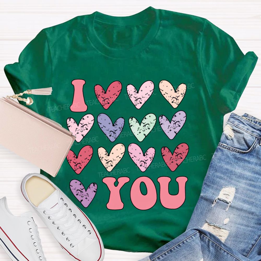 I Love You Colorful Hearts Print T-shirt