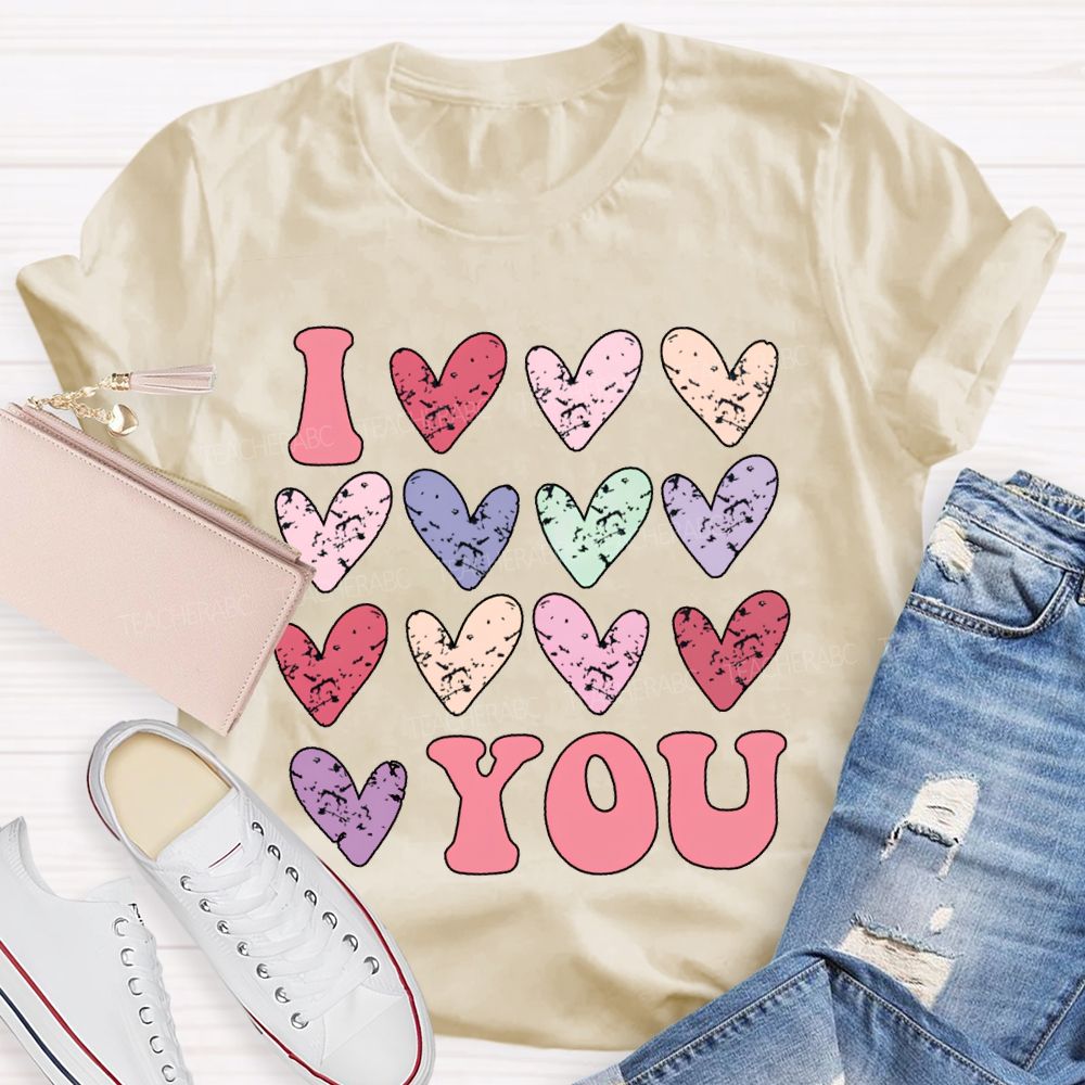 I Love You Colorful Hearts Print T-shirt