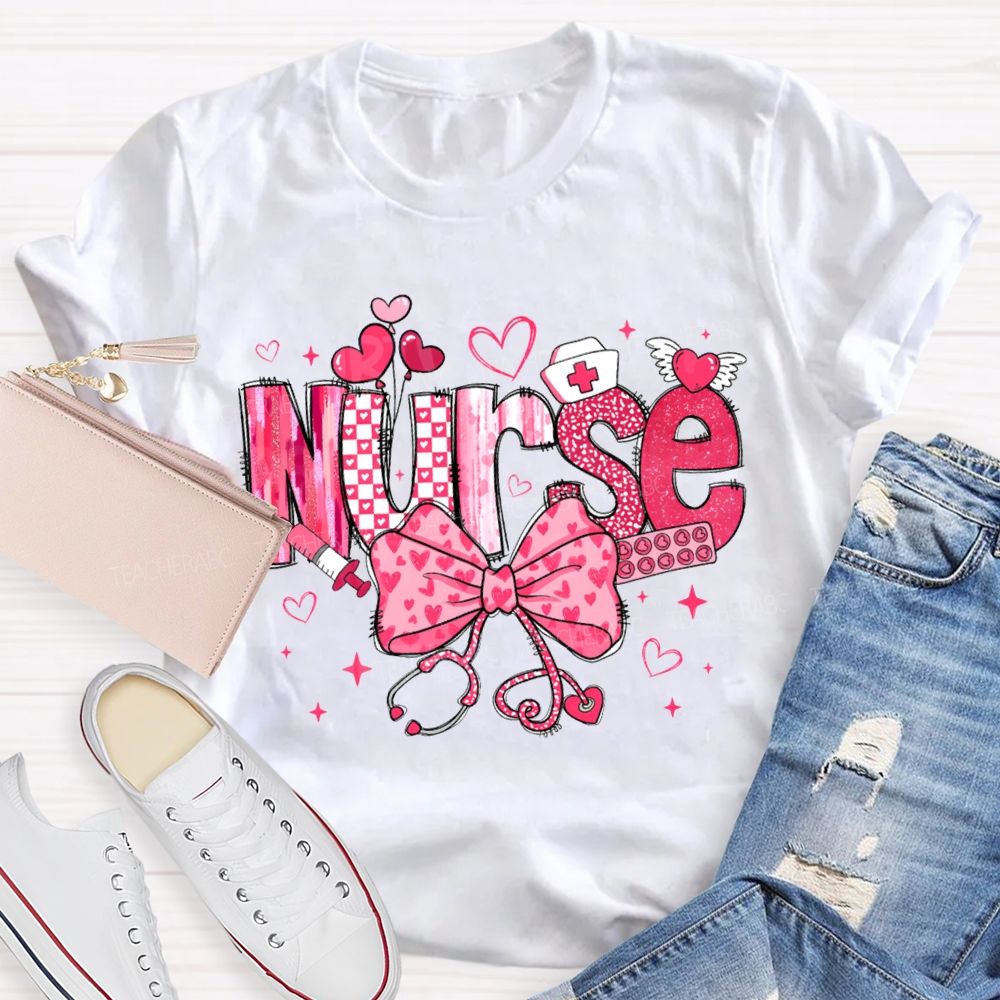 School Nurse Pink Heart Bow T-shirt