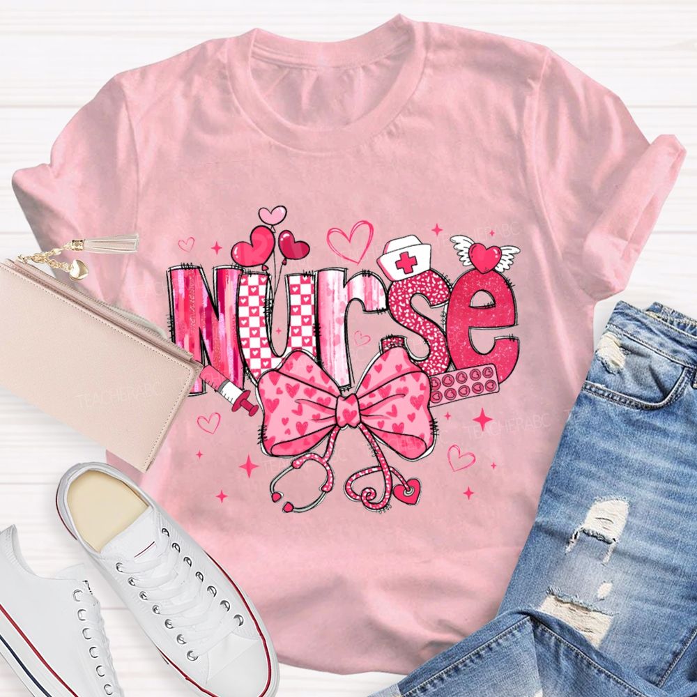School Nurse Pink Heart Bow T-shirt