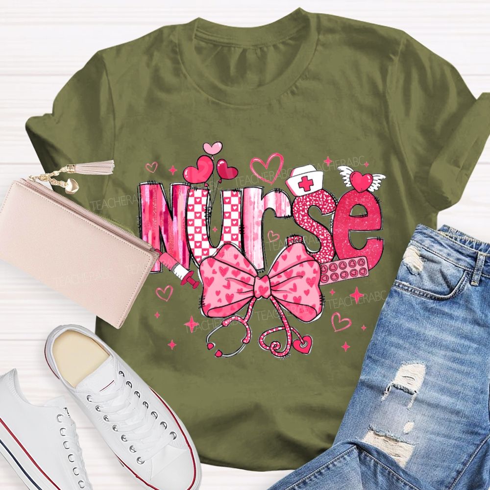 School Nurse Pink Heart Bow T-shirt