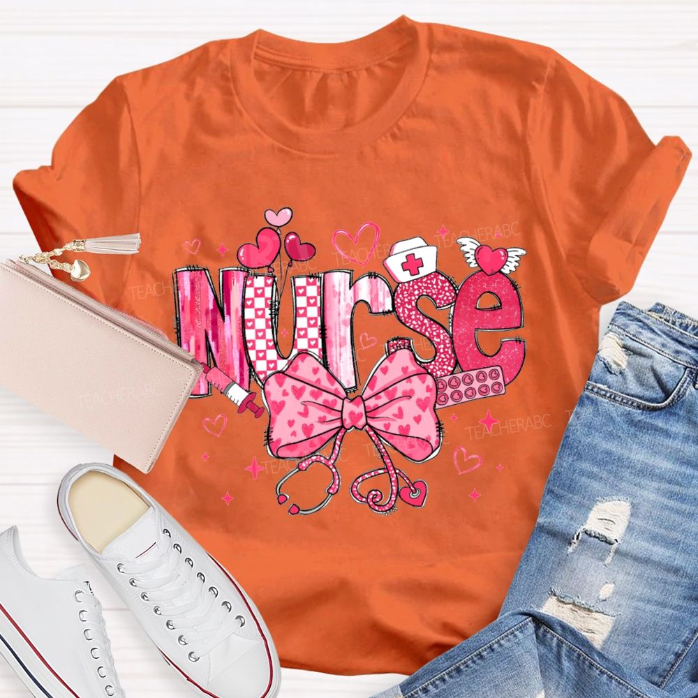 School Nurse Pink Heart Bow T-shirt
