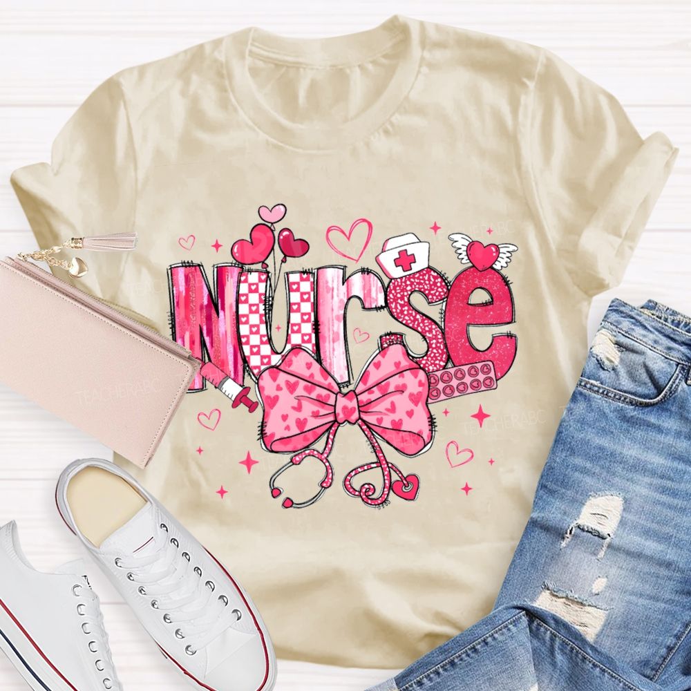 School Nurse Pink Heart Bow T-shirt