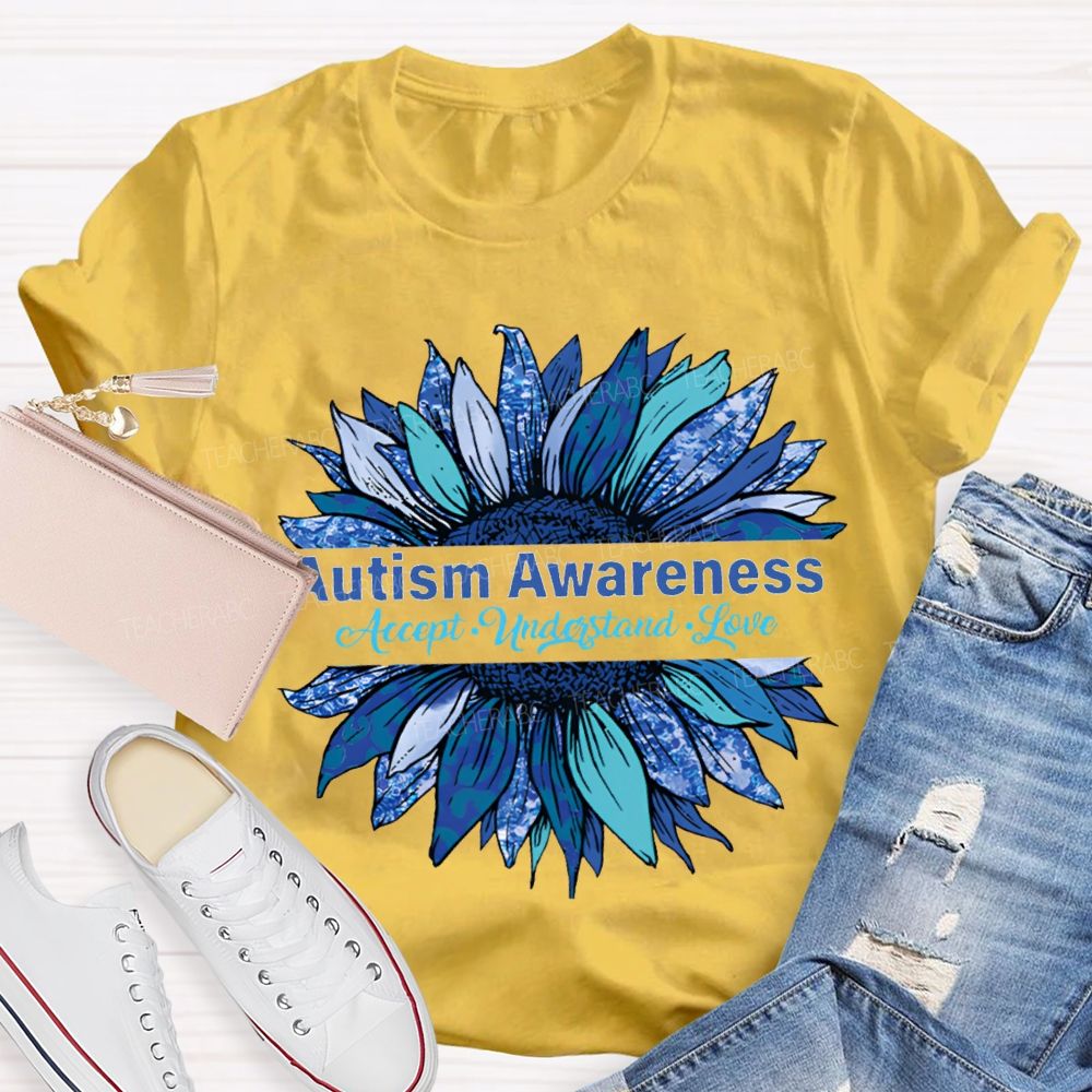 Autism Awareness Accept Understand Love Blue Sunflower T-shirt