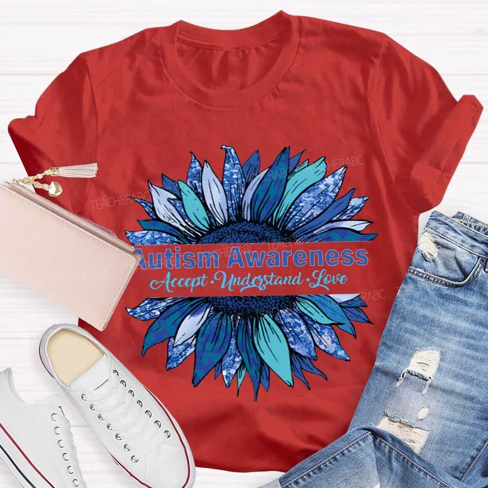 Autism Awareness Accept Understand Love Blue Sunflower T-shirt