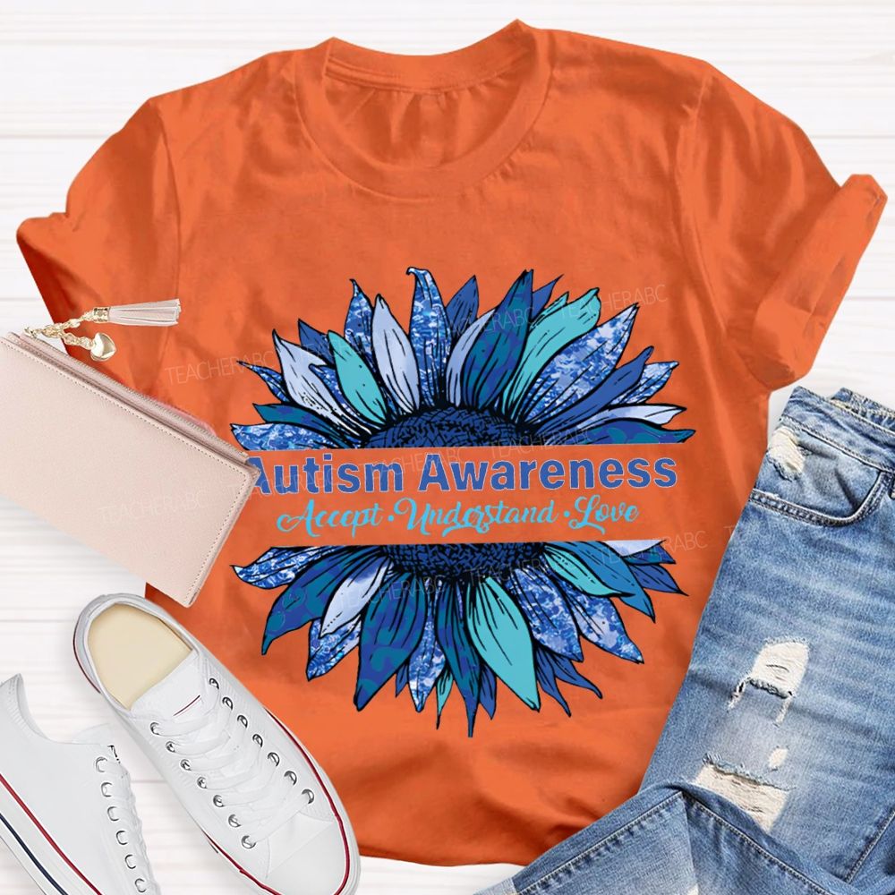 Autism Awareness Accept Understand Love Blue Sunflower T-shirt