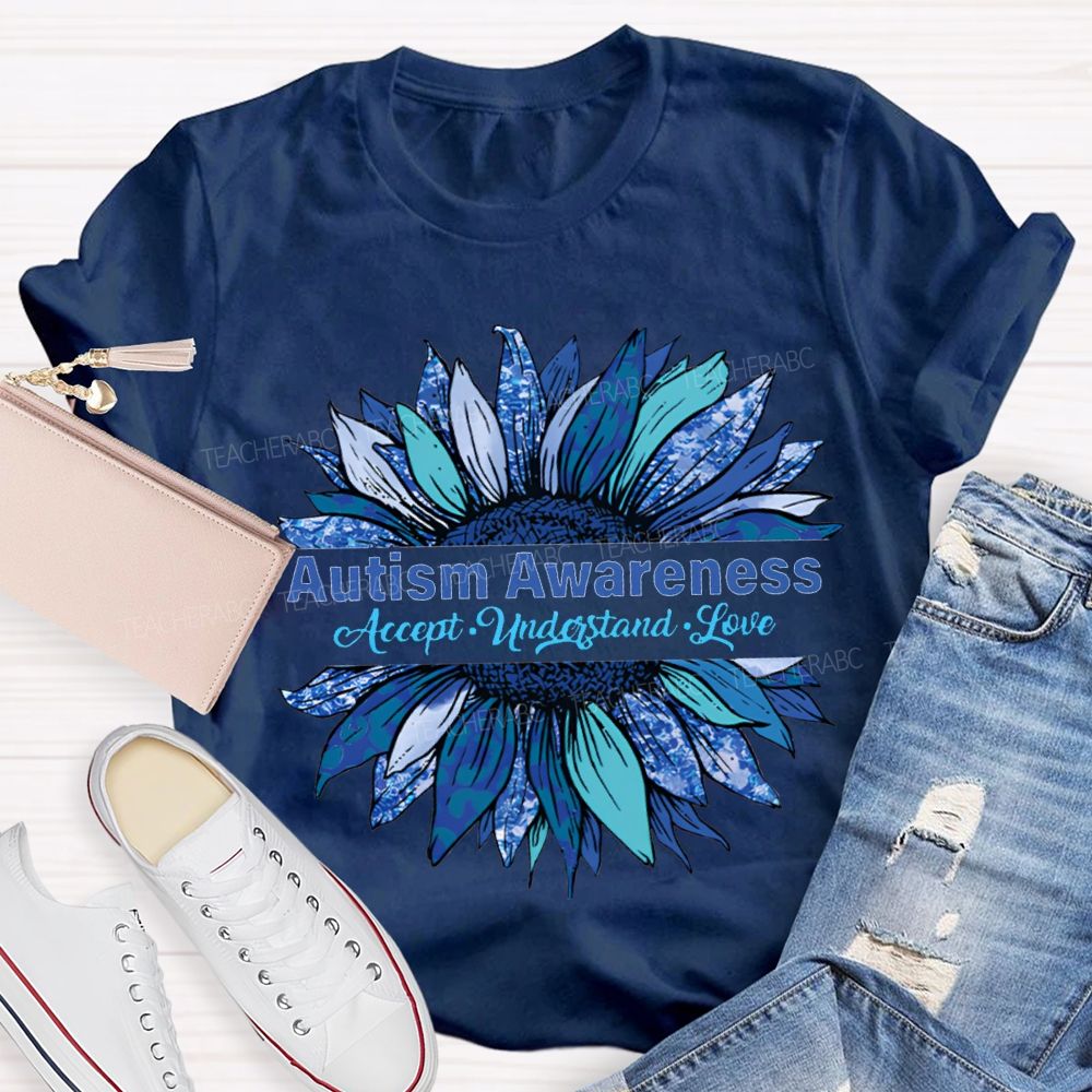 Autism Awareness Accept Understand Love Blue Sunflower T-shirt