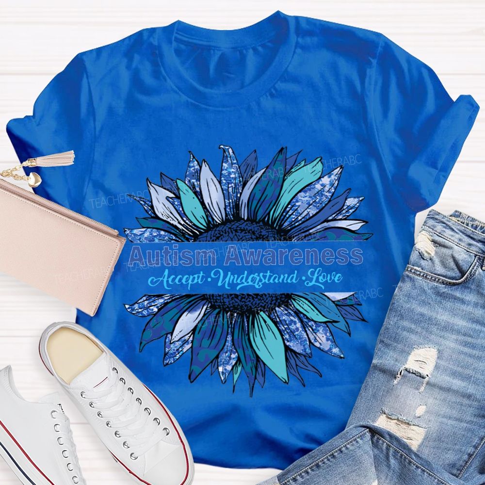 Autism Awareness Accept Understand Love Blue Sunflower T-shirt