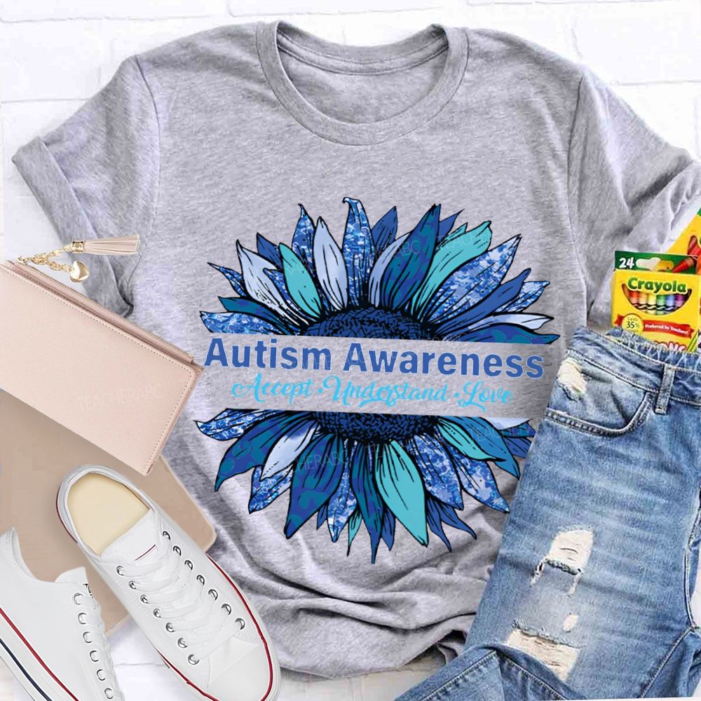 Autism Awareness Accept Understand Love Blue Sunflower T-shirt