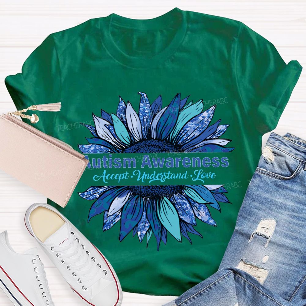 Autism Awareness Accept Understand Love Blue Sunflower T-shirt
