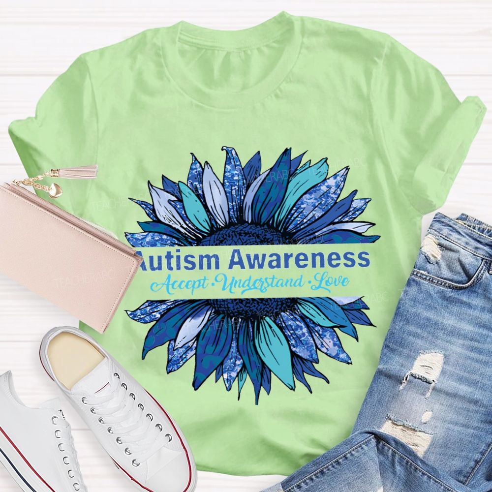 Autism Awareness Accept Understand Love Blue Sunflower T-shirt