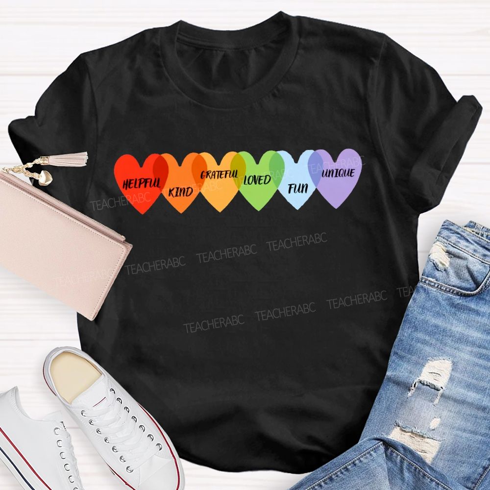 Helpful Kind Grateful Loved Fun Unique Colorful Heart Prints T-shirt