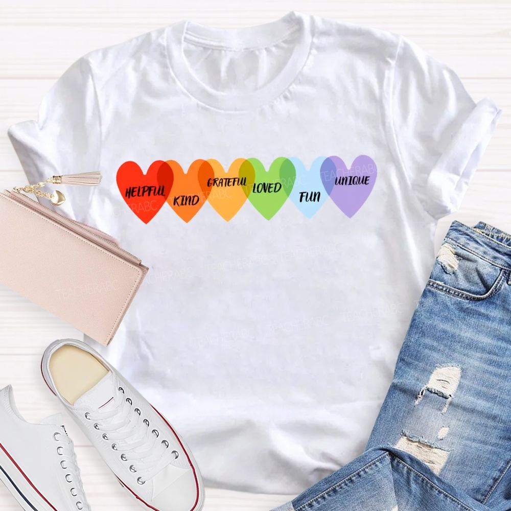 Helpful Kind Grateful Loved Fun Unique Colorful Heart Prints T-shirt