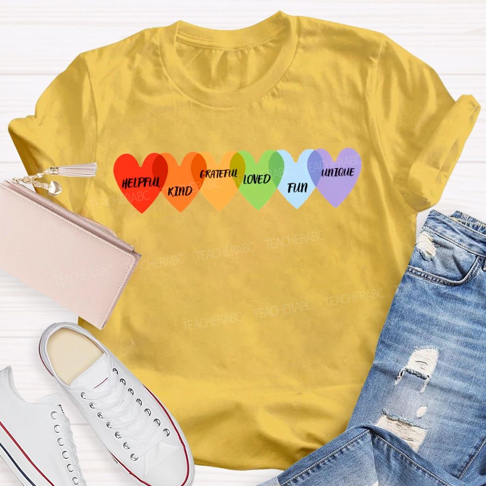 Helpful Kind Grateful Loved Fun Unique Colorful Heart Prints T-shirt