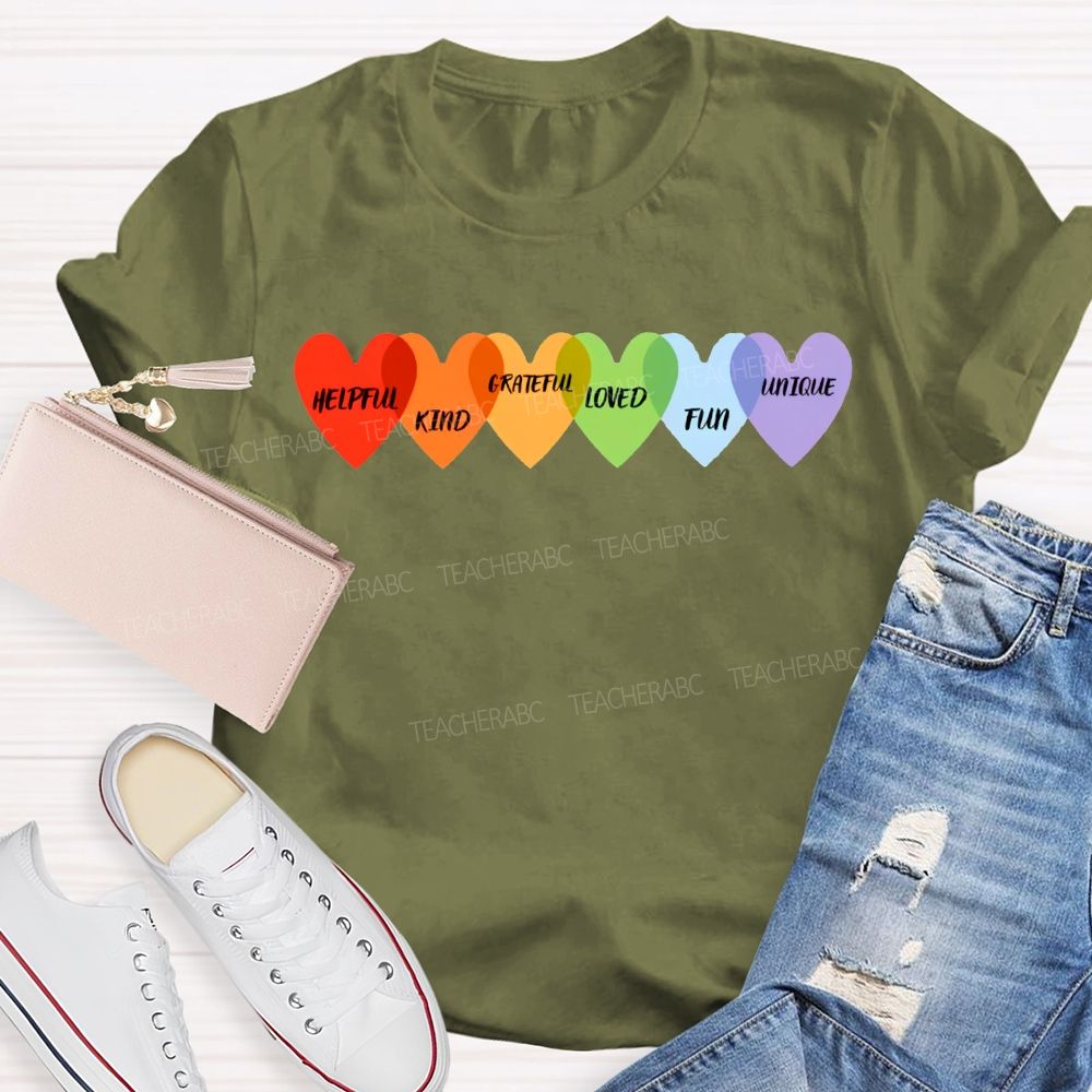 Helpful Kind Grateful Loved Fun Unique Colorful Heart Prints T-shirt
