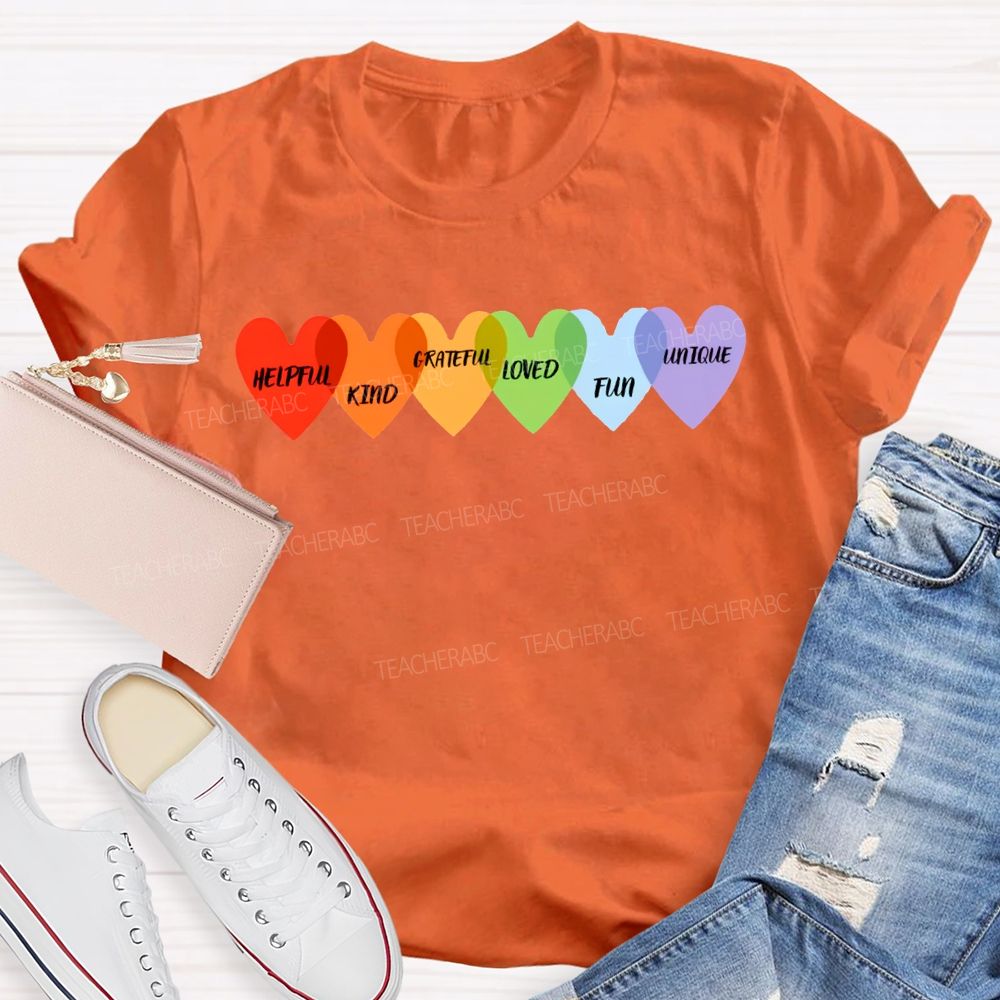 Helpful Kind Grateful Loved Fun Unique Colorful Heart Prints T-shirt