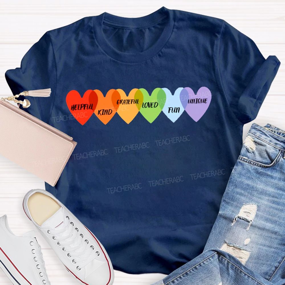 Helpful Kind Grateful Loved Fun Unique Colorful Heart Prints T-shirt