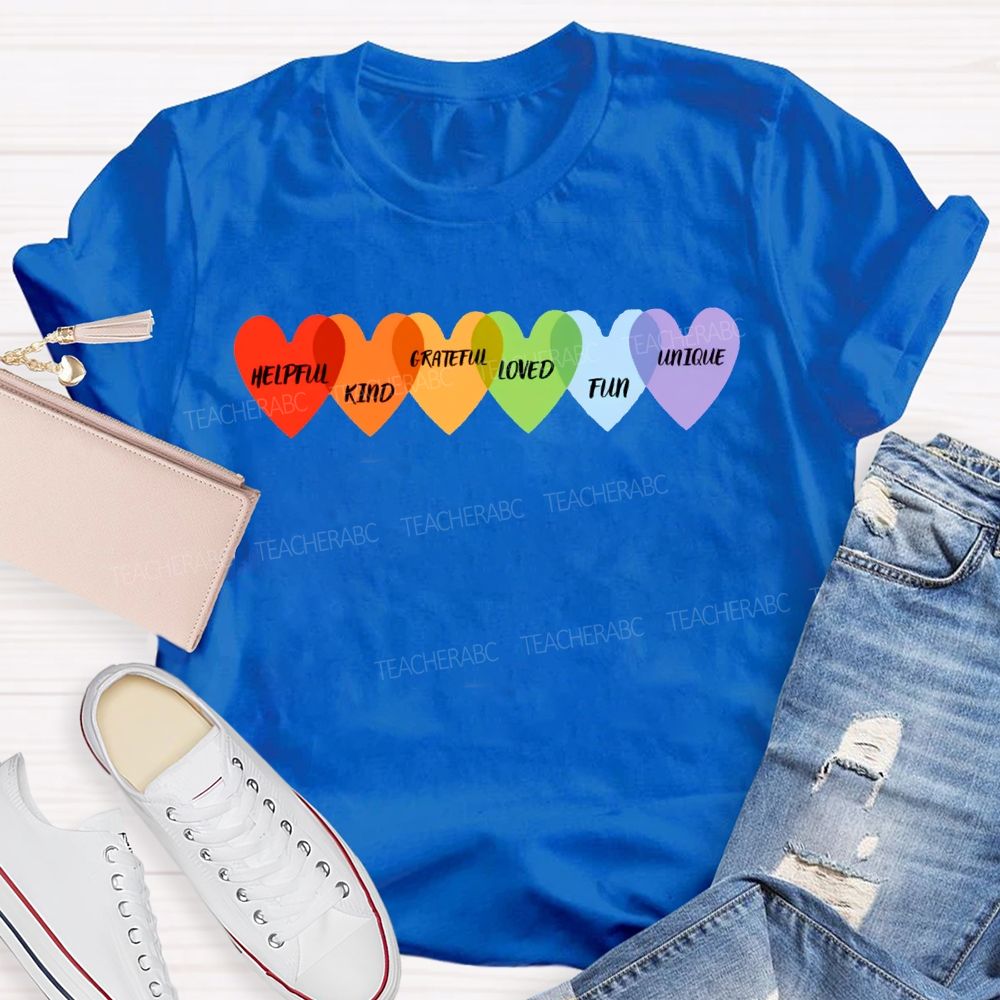 Helpful Kind Grateful Loved Fun Unique Colorful Heart Prints T-shirt