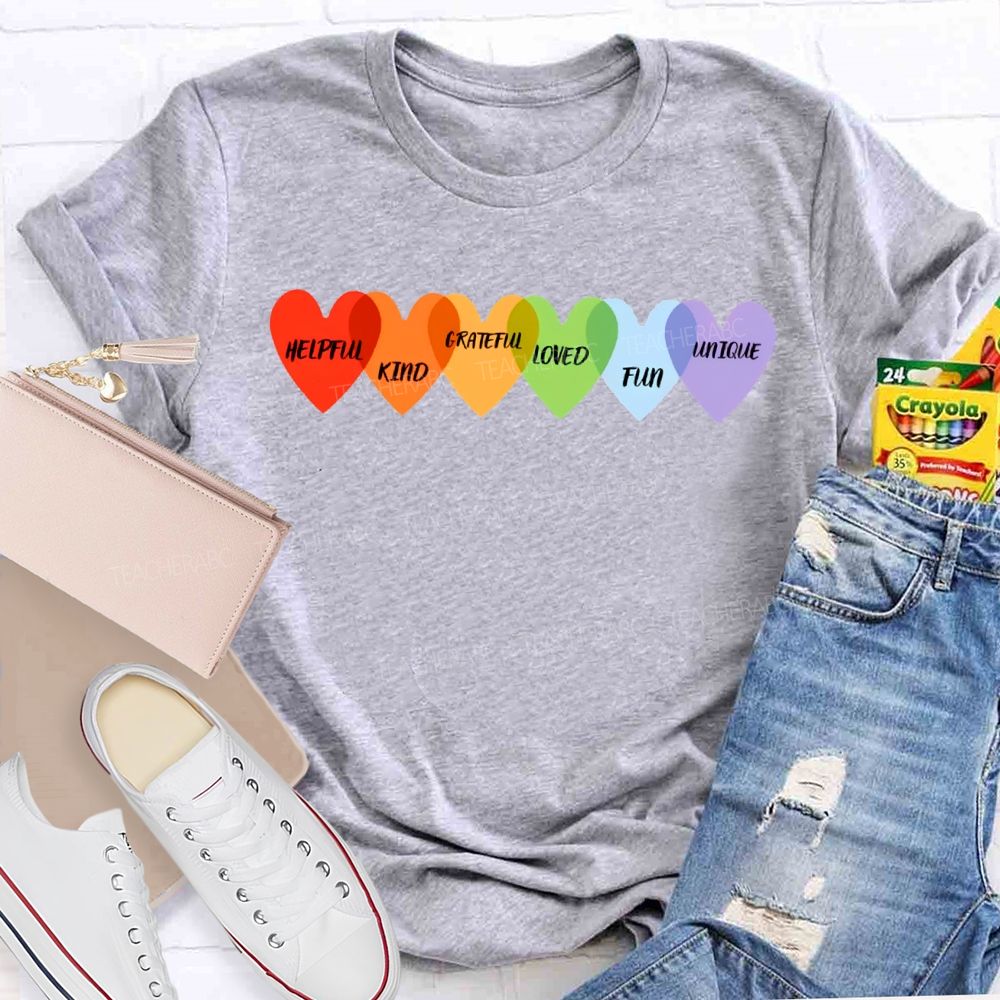 Helpful Kind Grateful Loved Fun Unique Colorful Heart Prints T-shirt