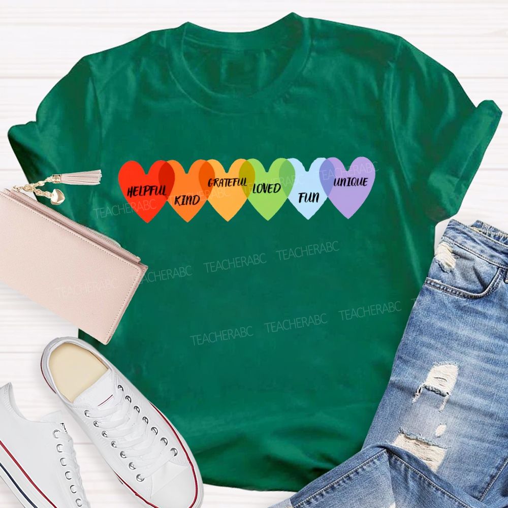 Helpful Kind Grateful Loved Fun Unique Colorful Heart Prints T-shirt