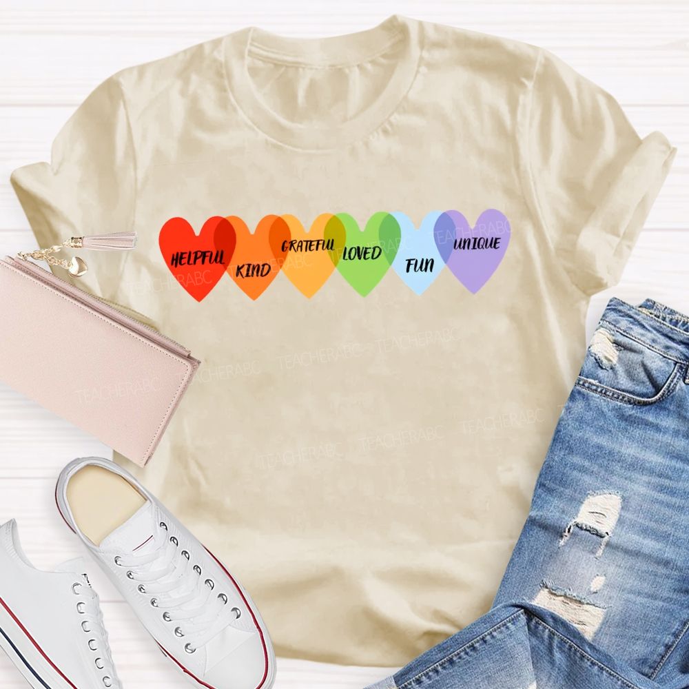Helpful Kind Grateful Loved Fun Unique Colorful Heart Prints T-shirt