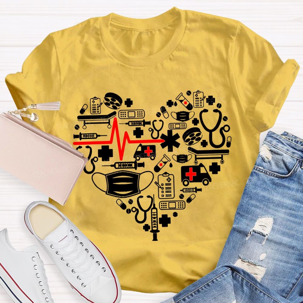 School Nurse Ambulance Face Mask Heart Print T-shirt