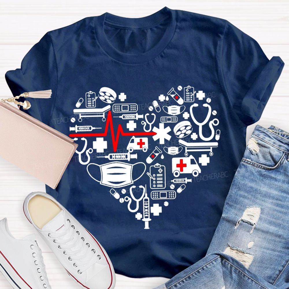 School Nurse Ambulance Face Mask Heart Print T-shirt